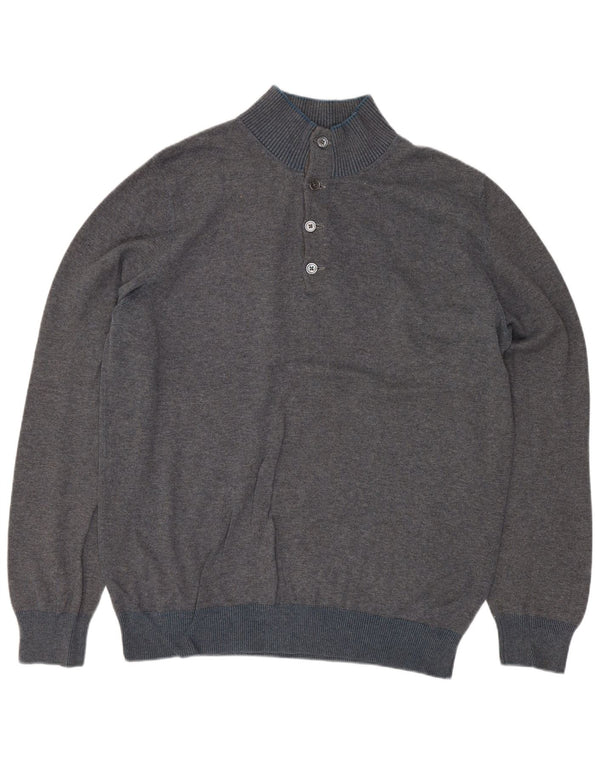 Massimo Dutti Herren-Pullover mit Knopfkragen, groß, aus grauer Baumwolle
