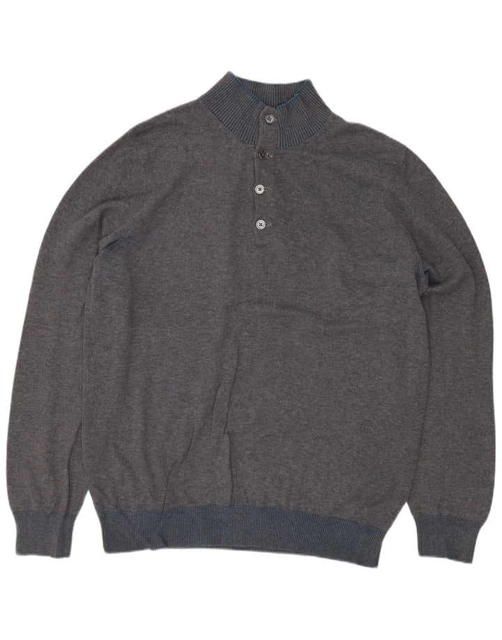 Massimo Dutti Herren-Pullover mit Knopfkragen, groß, aus grauer Baumwolle