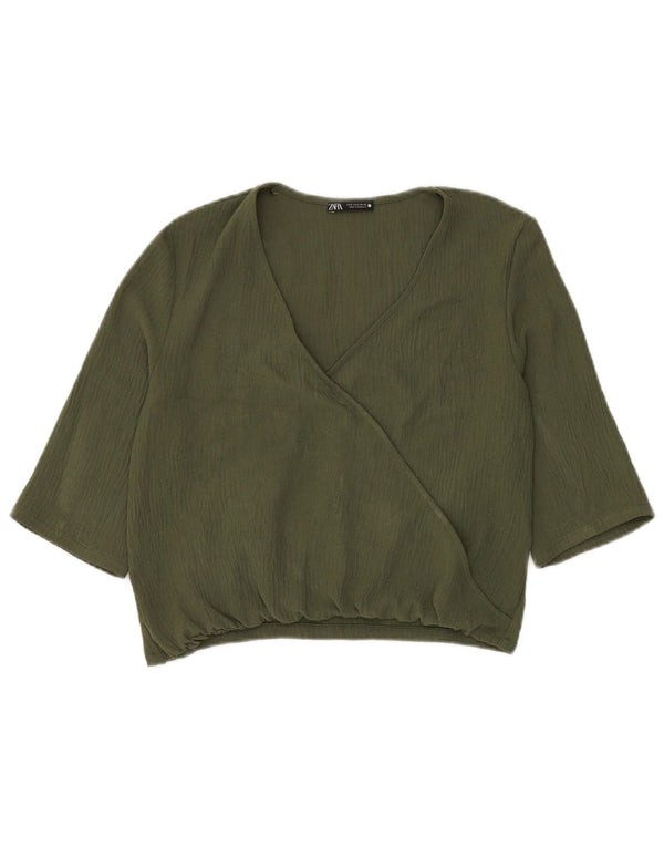 Zara Damen Crop Top 3/4 Ärmel UK 10 Small Grün