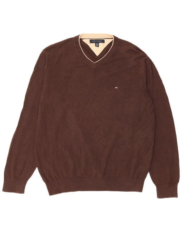 Tommy Hilfiger Herren-Pullover mit V-Ausschnitt, groß, braune Baumwolle