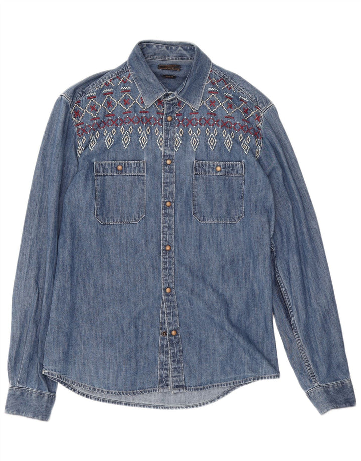 Zara Slim Fit Jeanshemd für Herren, groß, blau, geometrisch