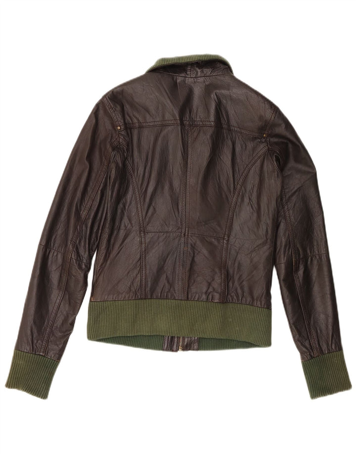 Bershka Damen Bomber-Lederjacke UK 12 Mittelbraunes Leder