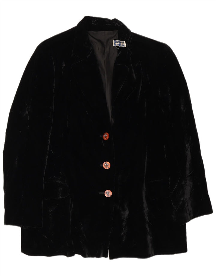 Vintage Damen 3 Knopf Samt Blazer Jacke UK 14 Große schwarze Viskose