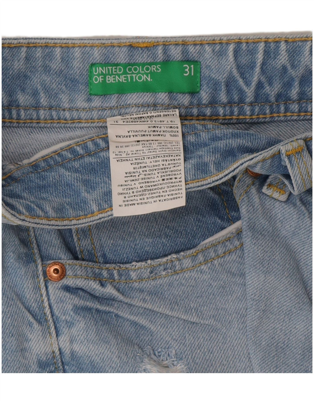 Benetton Damen Distressed Denim Shorts W31 Mittelblaue Baumwolle