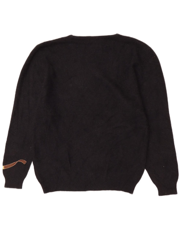 Vintage Damen Pullover mit grafischem U-Boot-Ausschnitt, UK 18 XL, Schwarz Angora