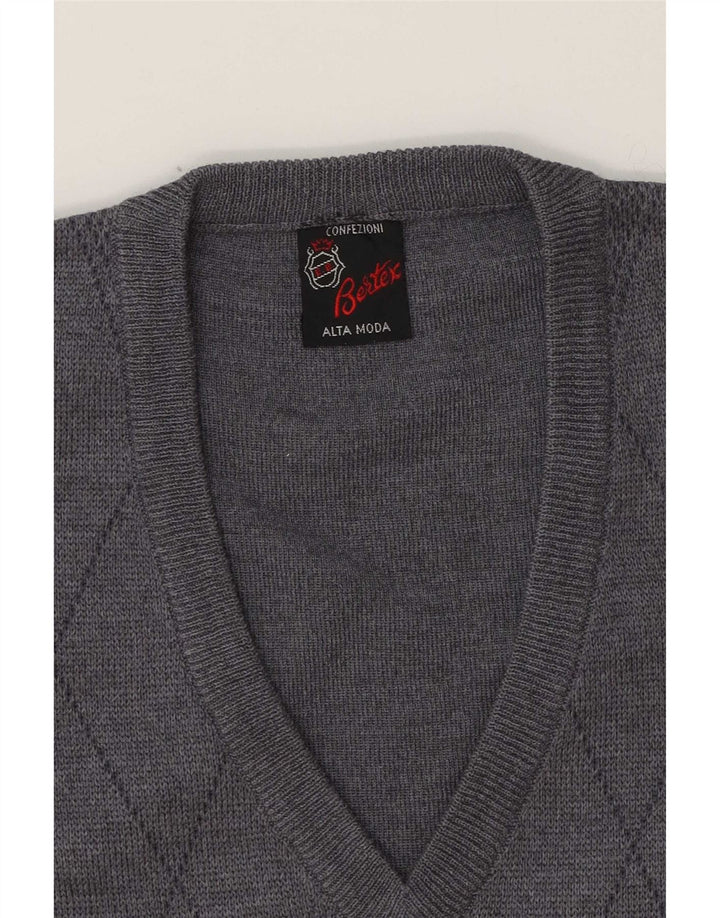 Vintage Herren V-Ausschnitt Pullover Pullover Mittelgrau Argyle/Diamond Wool