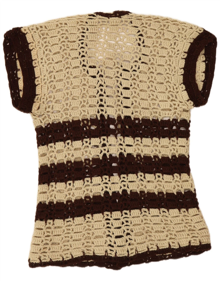 Vintage Damen Kurzarm-Cardigan-Pullover UK 8 Small Beige gestreift