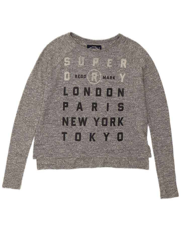 SUPERDRY Damen-Oversize-Grafik-Oberteil, langärmlig, UK-Größe 10, Größe S, Grau, Baumwolle