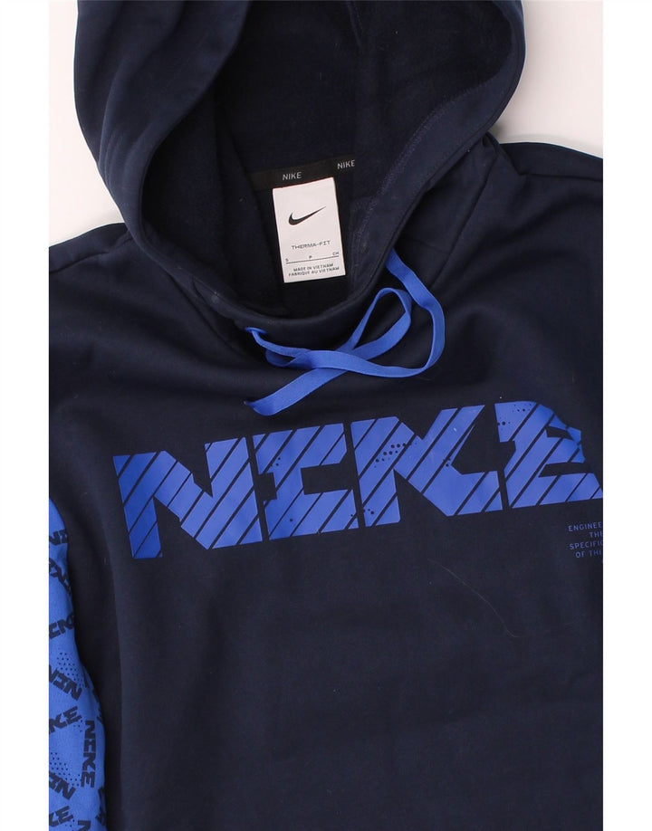 NIKE Mens Graphic Hoodie Jumper Small Navy Blue Colourblock Polyester Vintage Nike and Second-Hand Nike from Messina Hembry 