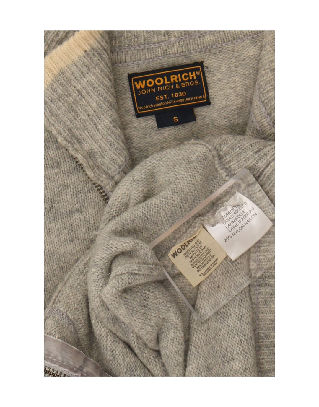 Woolrich Damen-Cardigan mit grafischem durchgehendem Reißverschluss, Gr. 10, kleine graue Wolle