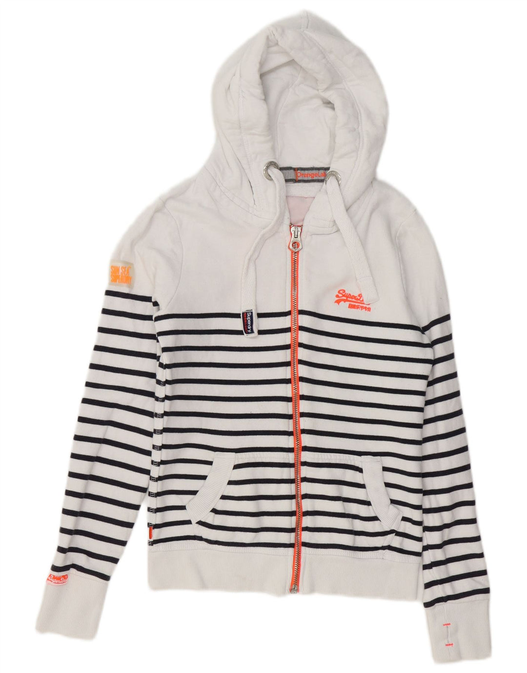 SUPERDRY Damen-Kapuzenpullover mit Reißverschluss, UK 6, XS, weiß gestreift, Baumwolle