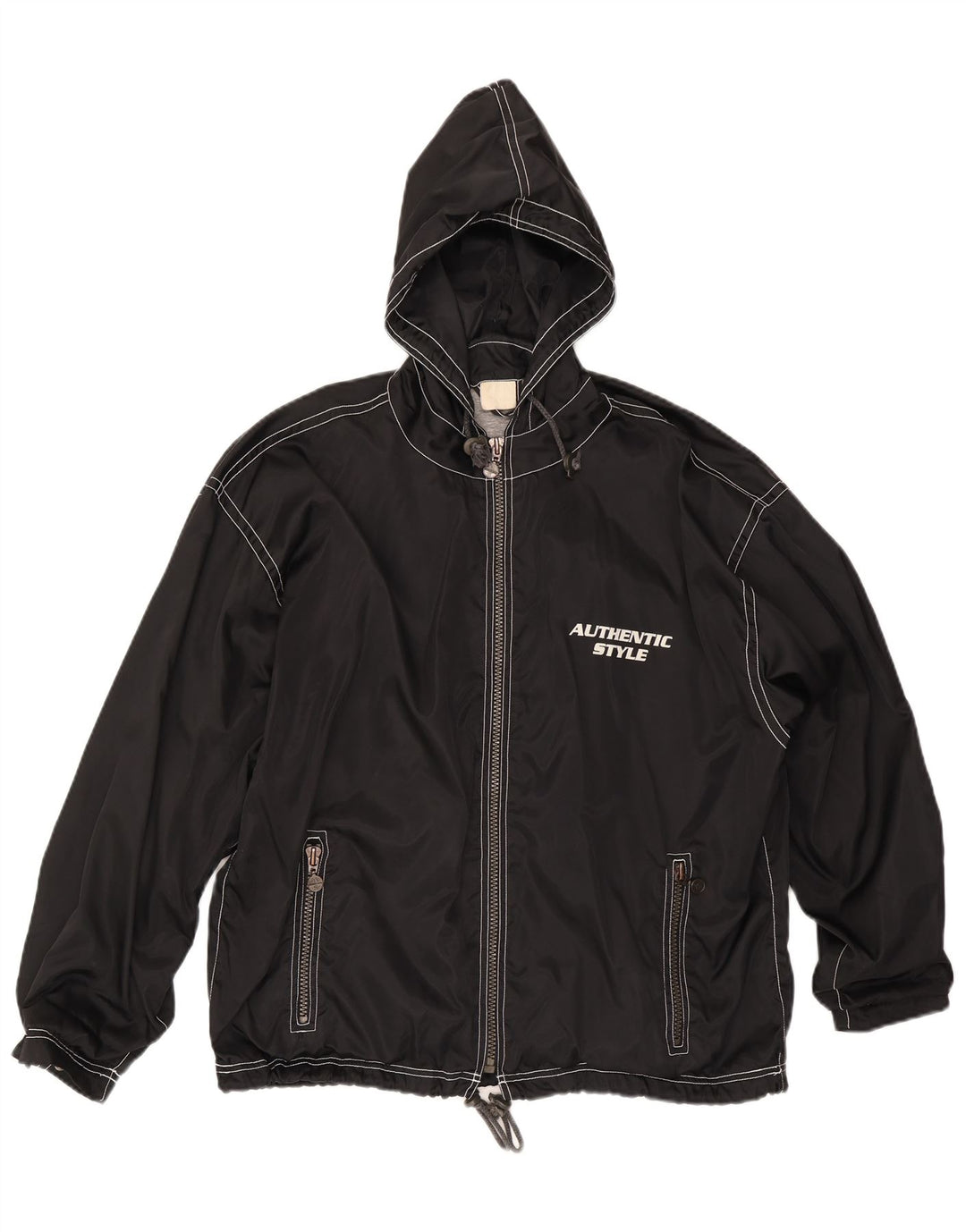 Vintage Herren Regenjacke mit grafischer Kapuze, UK 40, Größe L, Schwarz