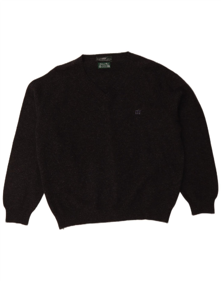 Henry Cottons Herren-Pullover mit V-Ausschnitt, groß, schwarz gesprenkelte Wolle