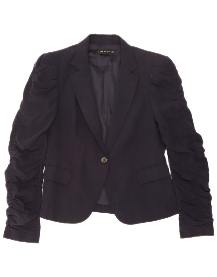 Zara Damen 1-Knopf-Blazerjacke UK 12 Medium Navy Blue Lyocell