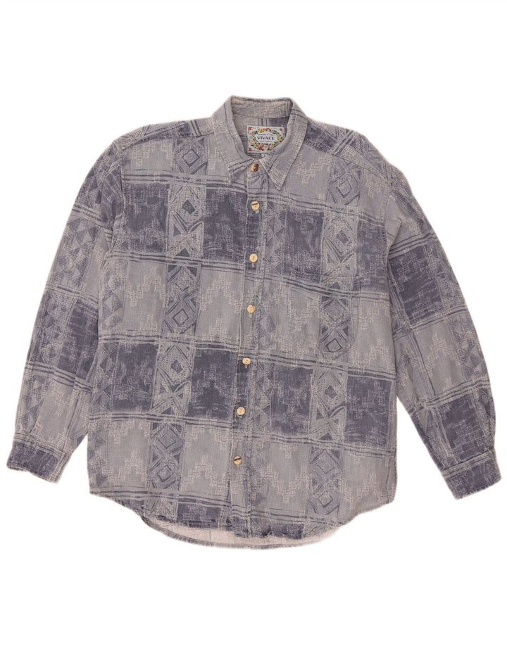Vintage Herren Flanellhemd Große blaue geometrische Baumwolle