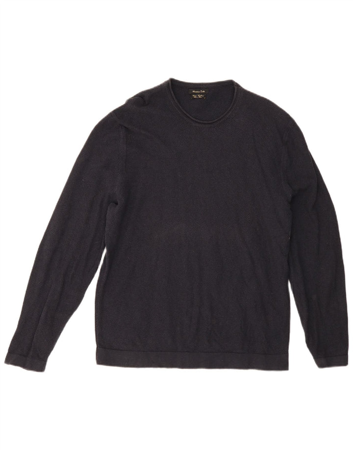 Massimo Dutti Herren-Pullover mit Rundhalsausschnitt, groß, marineblaue Baumwolle