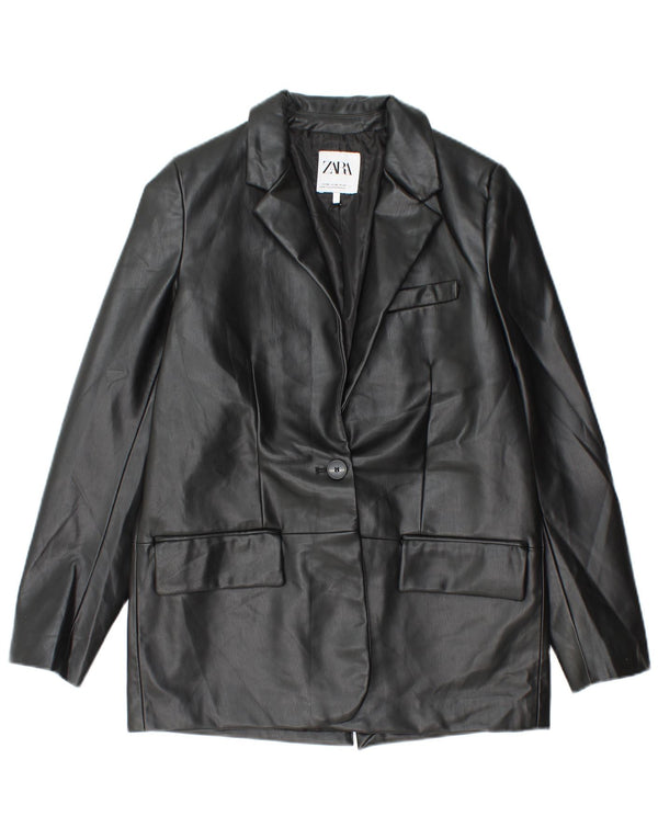 Zara Womens 1 Button Faux Leather Blazer Jacket UK 6 XS Black Polyethylene