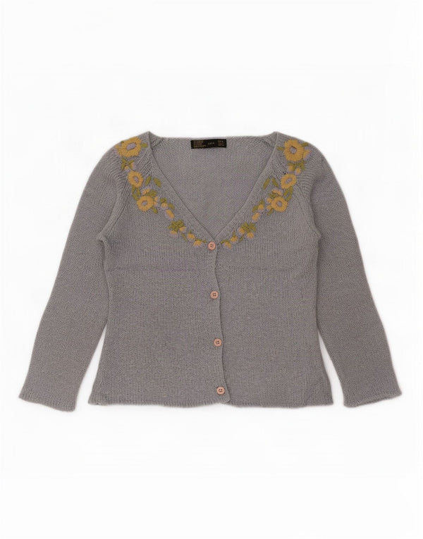 Zara Damen Crop 3/4-Ärmel-Cardigan-Pullover UK 12 Mittelblaues Blumenmuster