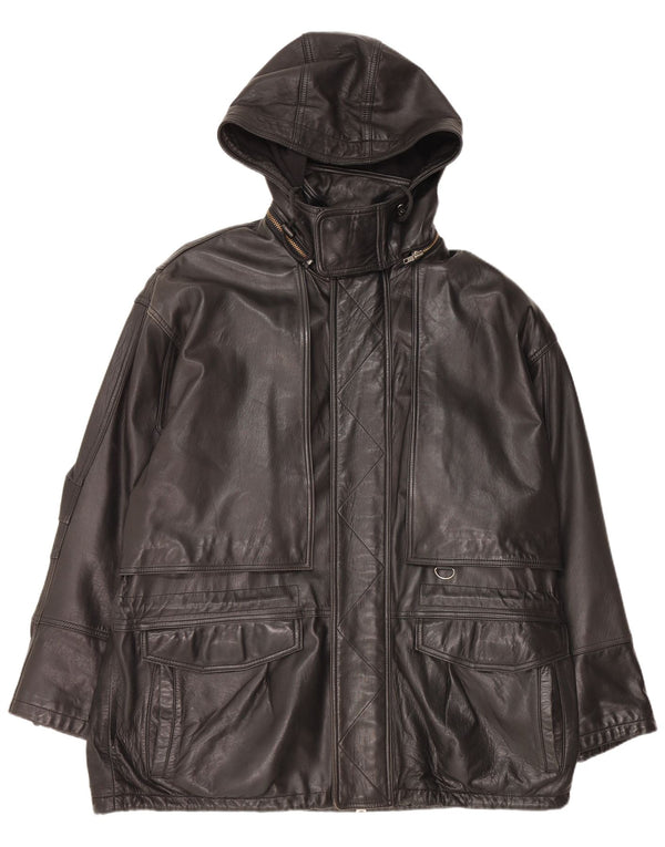 Andrew Marc Herren-Ledermantel mit Kapuze, UK 42, XL, schwarzes Leder