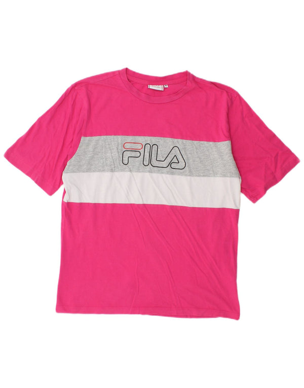 Fila Damen Grafik-T-Shirt-Oberteil UK 14 Mittelrosa Colourblock-Baumwolle