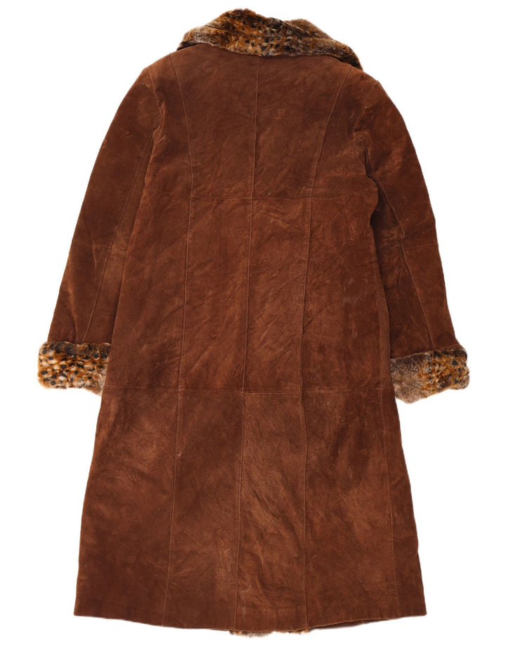 Vintage Damen Wildledermantel UK 14 Großes braunes Leder mit Animal-Print