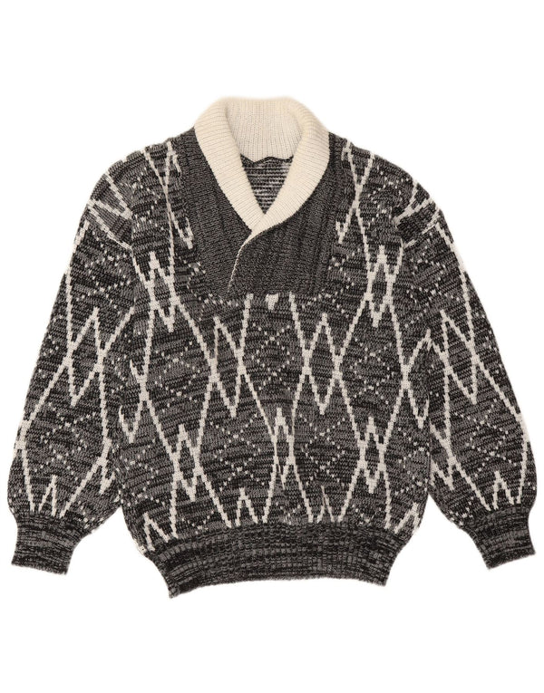 Vintage Mens Shawl Neck Jumper Sweater Medium Grey Geometric
