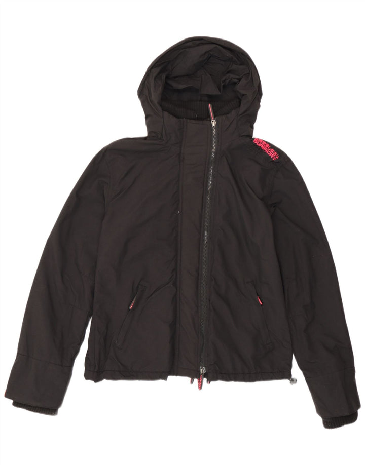 Superdry Damen-Windbreakerjacke mit Kapuze, UK 14, Größe L, schwarzes Nylon