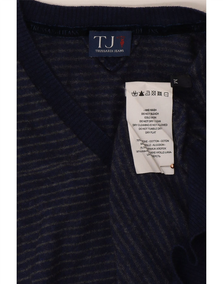 TRUSSARDI JEANS Herren-Pullover mit V-Ausschnitt, mittelblau, gestreift, Baumwolle
