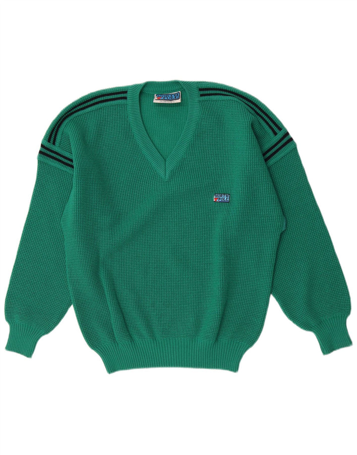 North Pole Herren-Pullover mit V-Ausschnitt, groß, grün gestreift, Wolle