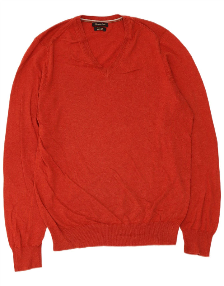 Massimo Dutti Herren-Pullover mit V-Ausschnitt aus mittelroter Baumwolle