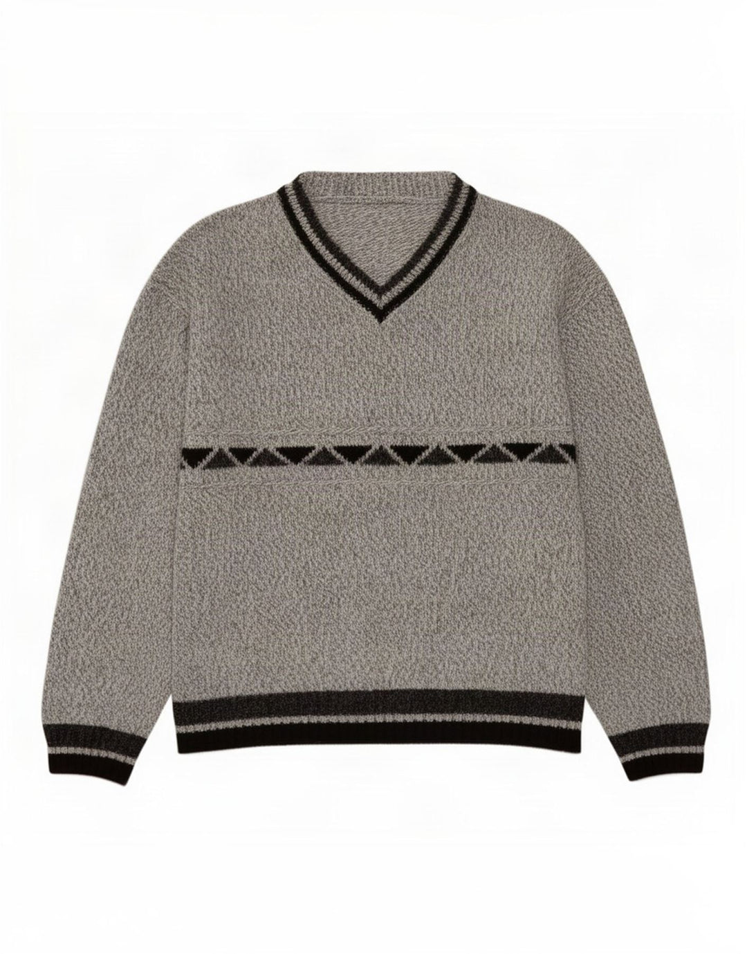 Vintage Herren Pullover mit V-Ausschnitt, Mittelgrau, geometrisches Acryl