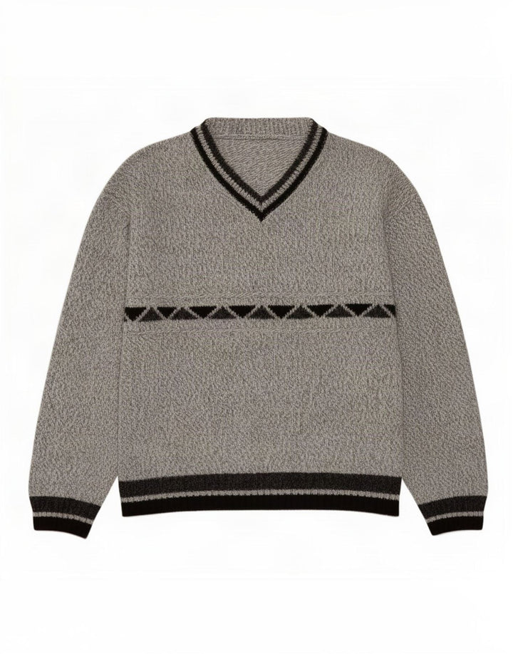 Vintage Herren Pullover mit V-Ausschnitt, Mittelgrau, geometrisches Acryl