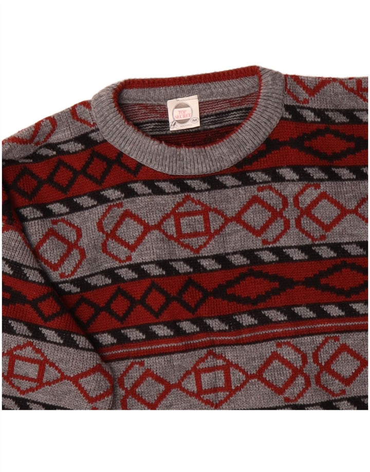 VINTAGE Herren-Pullover mit Rundhalsausschnitt, Mittelgrau, geometrisches Acryl