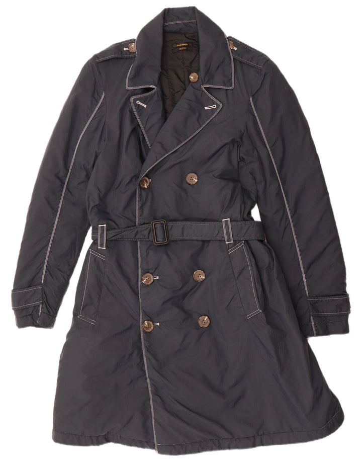 DIESEL Herren Zweireihiger Trenchcoat UK 36 Small Marineblaues Nylon