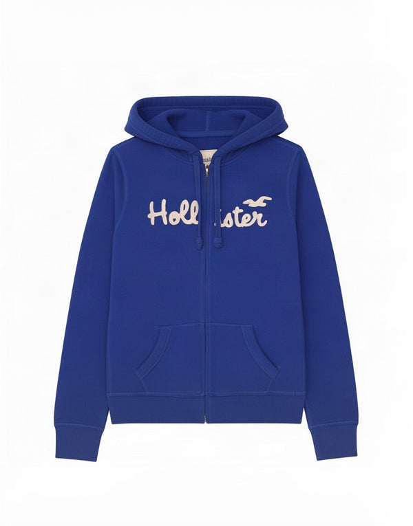 Hollister Womens Graphic Crop Zip Hoodie Pullover UK 16 Große blaue Baumwolle