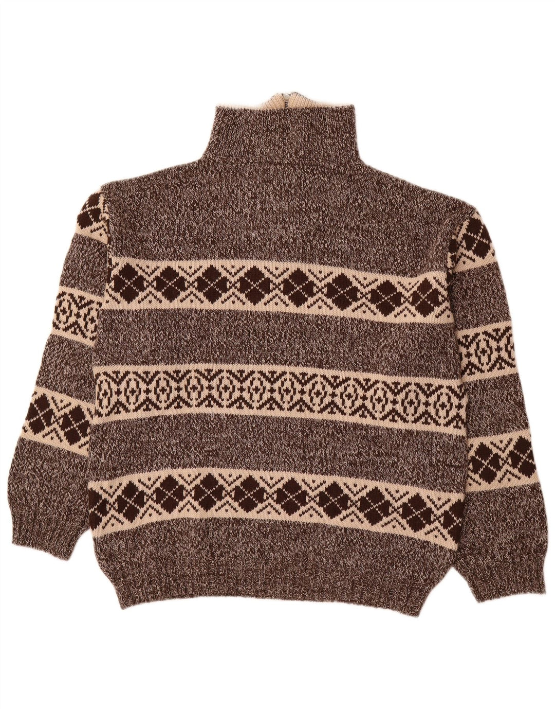 CAMARGUE Mens Zip Neck Jumper Sweater Large Brown Fair Isle Polyacrylic