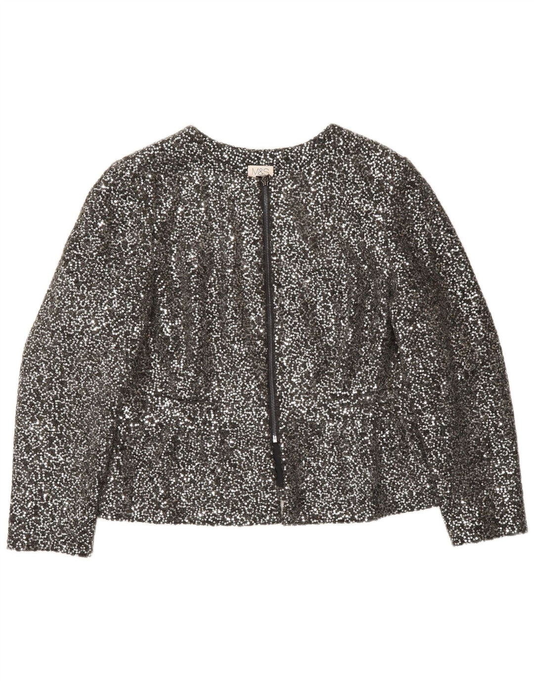 Marks & Spencer Damen-Blazer mit durchgehendem Reißverschluss und Pailletten, UK 14, Mittelsilber