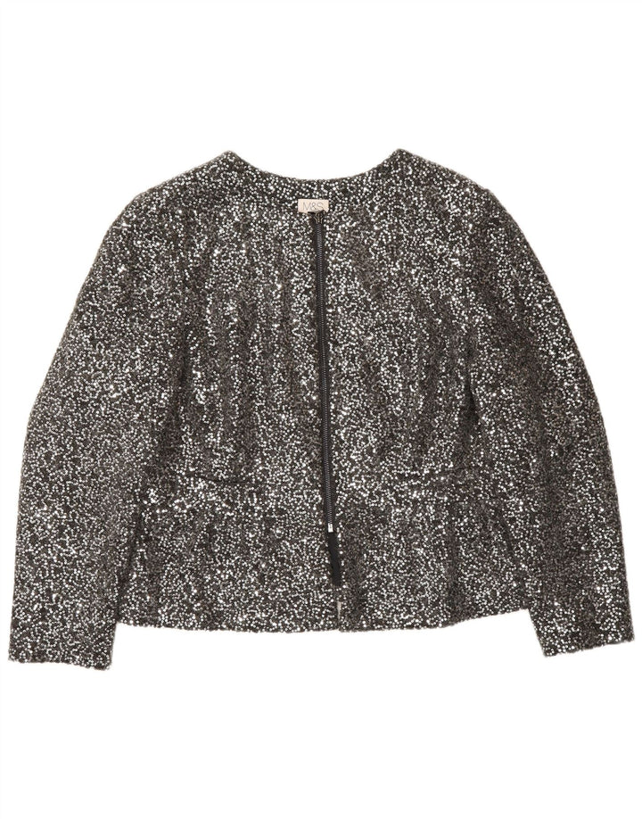 Marks & Spencer Damen-Blazer mit durchgehendem Reißverschluss und Pailletten, UK 14, Mittelsilber