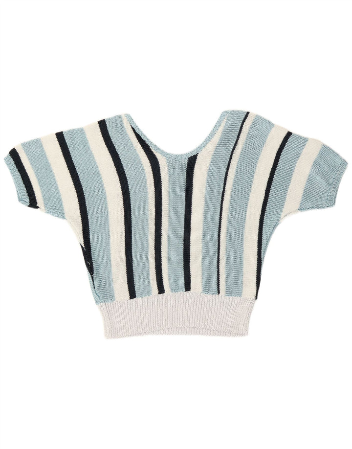 Vintage Damen V-Ausschnitt Pullover Pullover UK 12 Mittelblau gestreift Retro