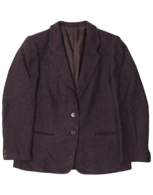 Vintage Damen 2-Knopf-Blazer-Jacke UK 14 Mittelmarineblaue Chevron-Wolle