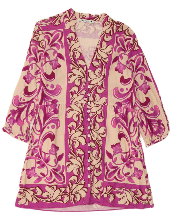 Zara Damen-Hemdkleid mit 3/4-Ärmeln, UK-Größe 12, mittelrosa, geblümtes Leinen
