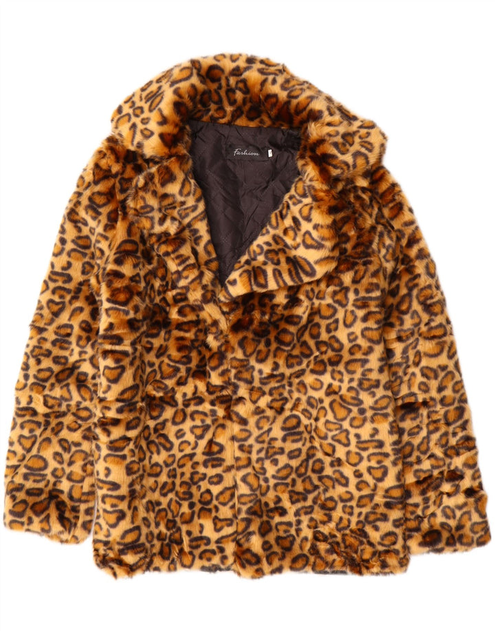VINTAGE Damen Kunstpelzjacke UK 10 Kleines braunes Polyester mit Tiermuster