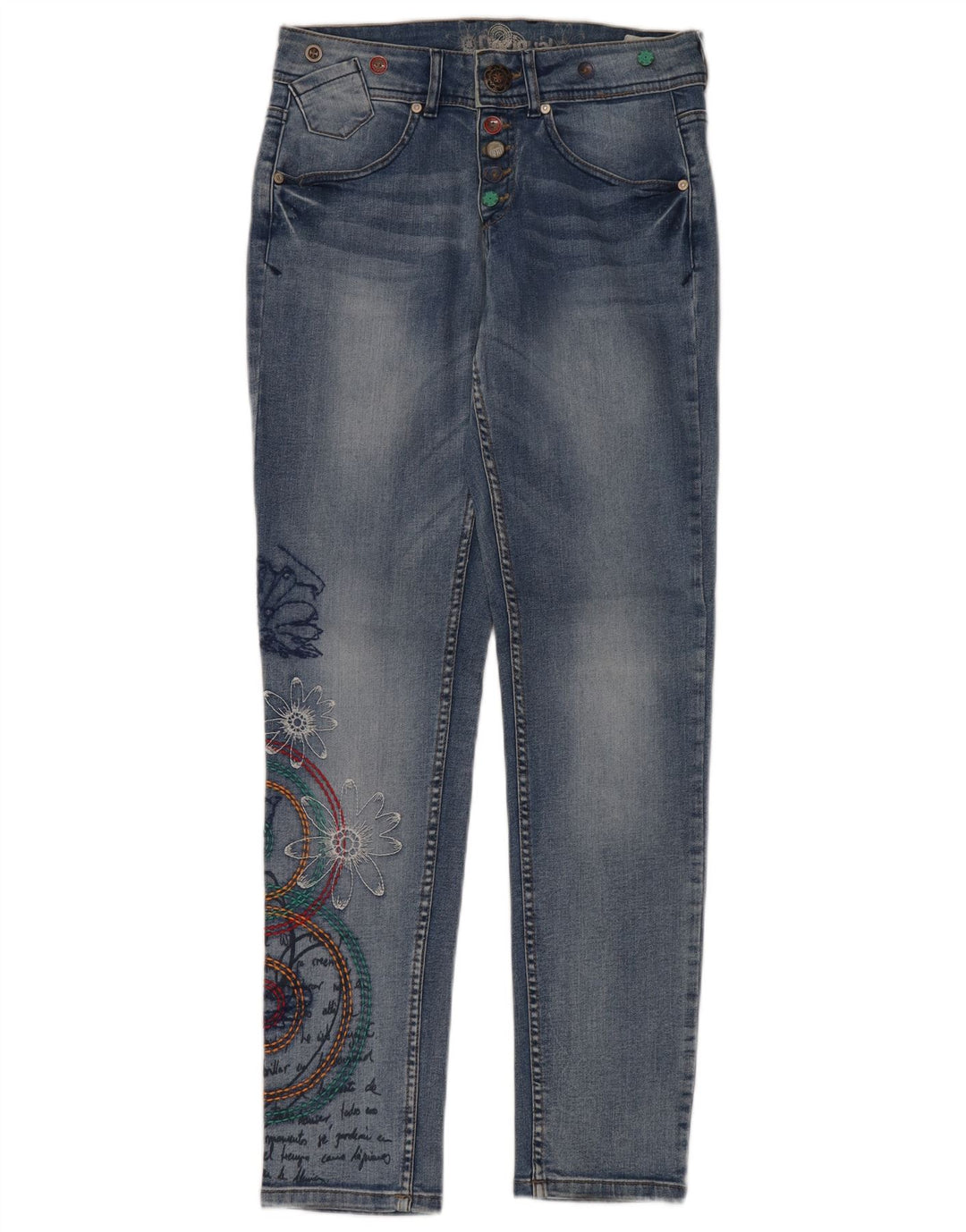 DESIGUAL Damen Graphic Slim Jeans W24 L32 Blau geblümtes Polyester