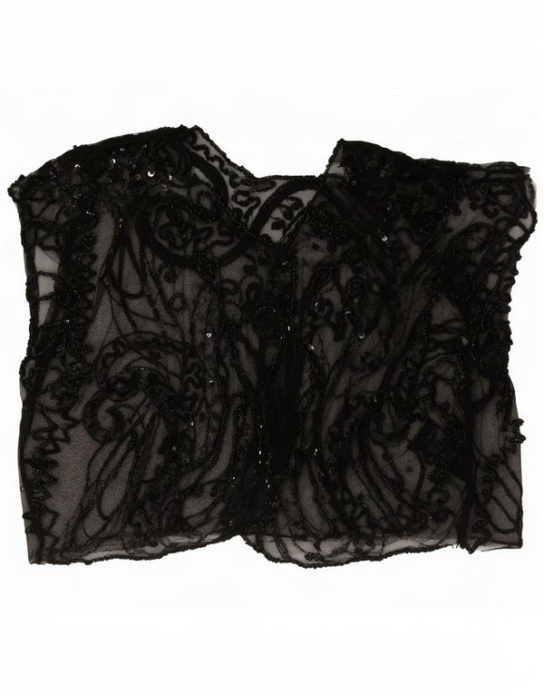 Vintage Damen Crop Ärmelloses Durchsichtiges Top UK 8 Small Schwarz Paisley