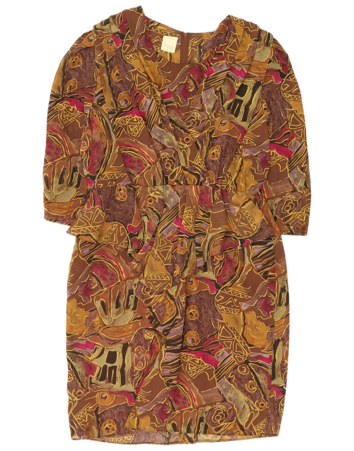 Vintage Damen-Etuikleid mit abstraktem Muster und 3/4-Ärmeln, UK 24 4XL, Braun