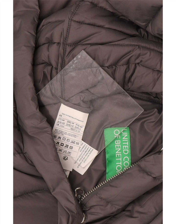 Benetton Wattierter Damenmantel mit Kapuze, UK 12, mittelgraues Nylon