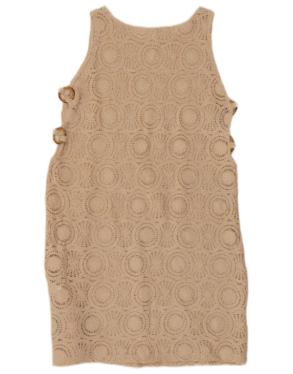VINTAGE Damen Gehäkeltes ärmelloses Etuikleid UK 10 Small Beige Baumwolle