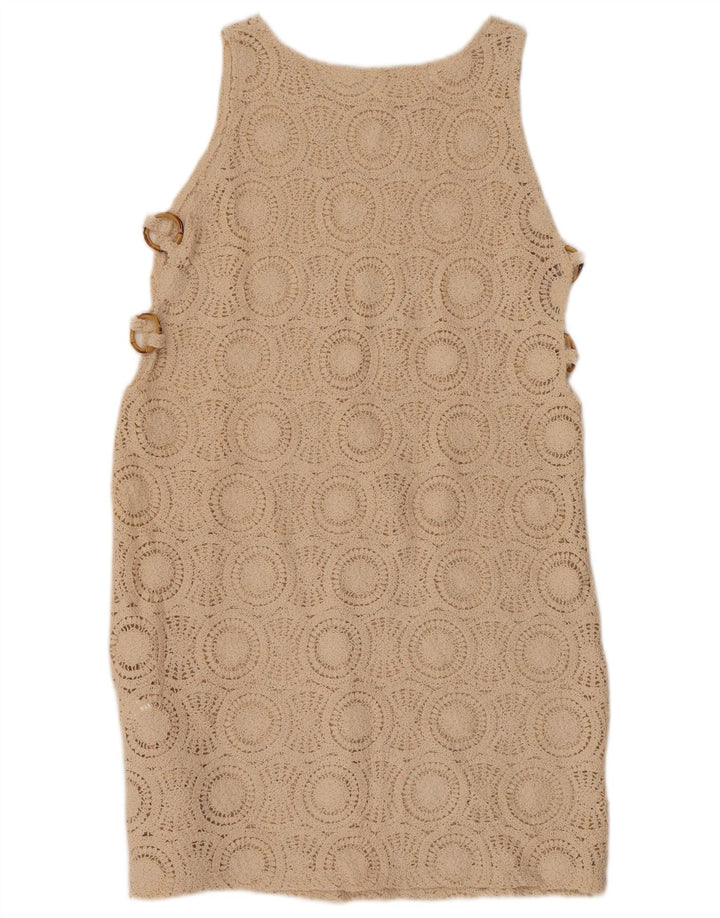 VINTAGE Damen Gehäkeltes ärmelloses Etuikleid UK 10 Small Beige Baumwolle
