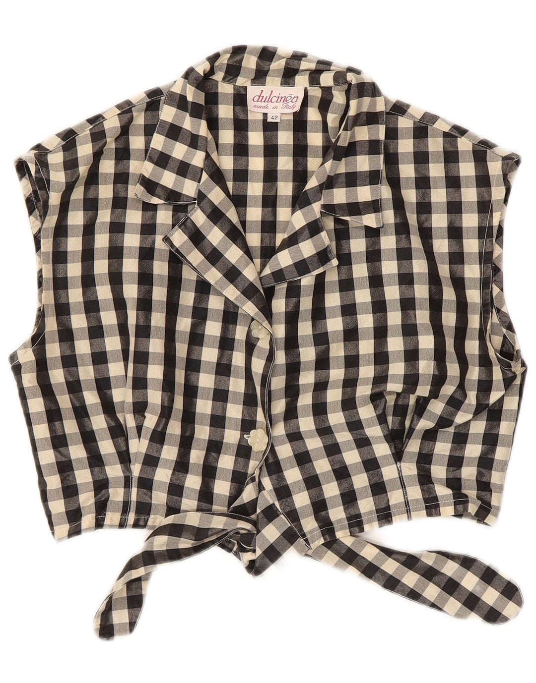 Vintage Damen Crop ärmellose Hemdbluse IT 42 Medium Black Gingham