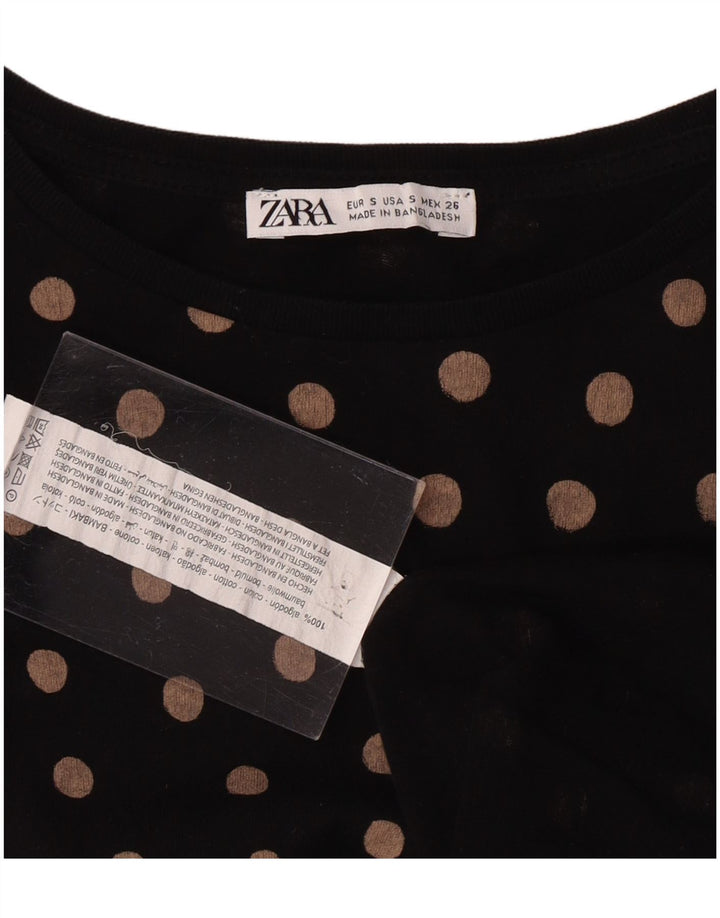 ZARA Damen T-Shirt Top UK 10 Small Schwarz gepunktete Baumwolle